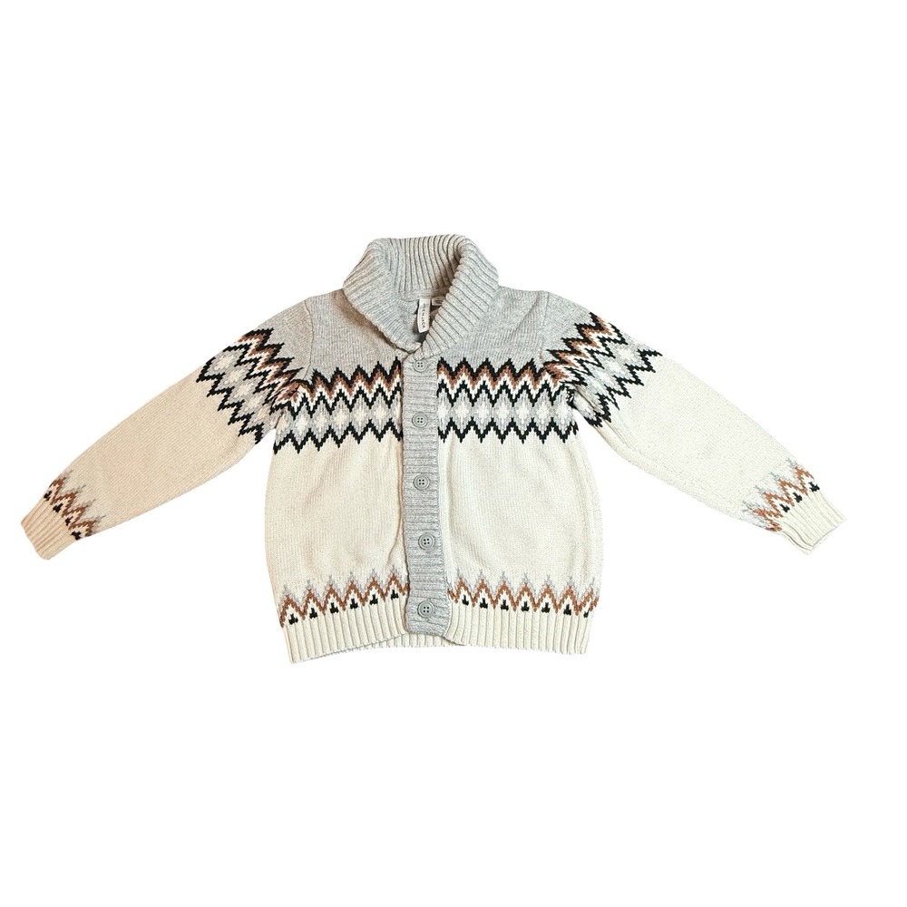 Janie and Jack Kids Shawl Collar Fair Isle Cardigan Sweater Grey Cream 4 Photo